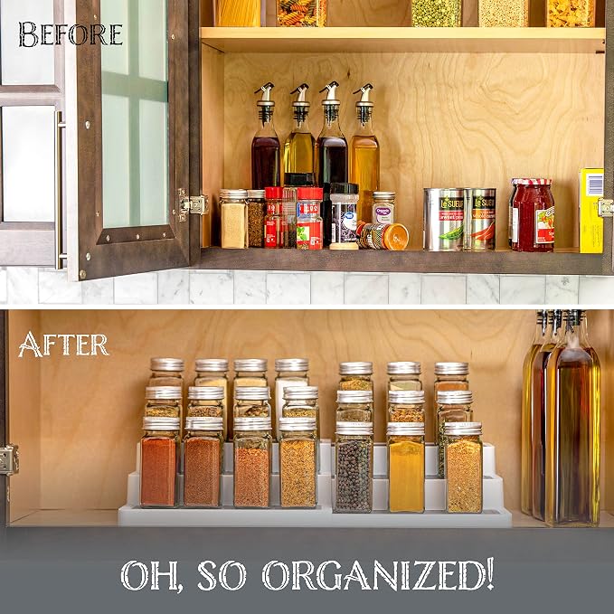 Oizeir 3-Tier Expandable Spice Rack Organizer for Cabinet, White/Grey | Expandable Plastic Spice Rack Organizer, Adjustable Length 3 Tiers, Non-Skid Shelf, Cabinet Pantry Countertop, White/Grey - Image 4