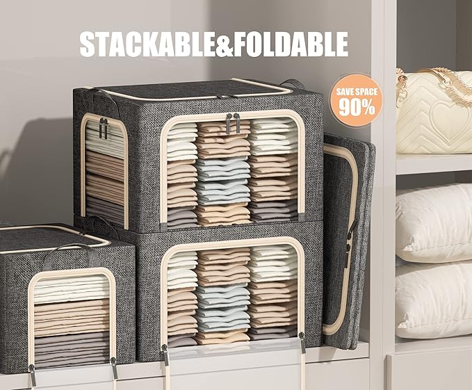 3 Openings Clothes Storage Bins with Metal Frame, Foldable Storage Bin for Clothes, Clothing Storage Bins with Lid, Linen Storage Box With Clear Window＆ Zippers＆ Durable Handles.(3 Pcs,Dark Grey,40L) - Image 2