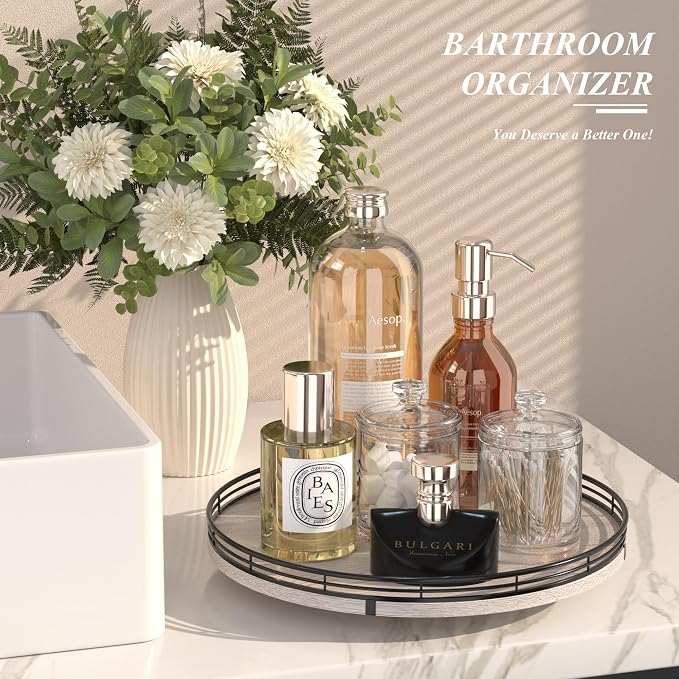 AMH 13-Inch Rustic Whitewashed Oak Lazy Susan Vanity Tray | Smooth rotating oak tray with walnut finish for dining tables, kitchen counters, pantries and cabinet storage. - Image 3