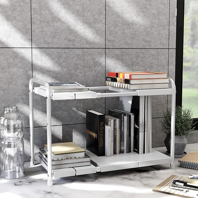 Simple Houseware Under Sink 2-Tier Heavy Duty Expandable Organizer, White | Adjustable Width 15.75–25 Inches with 4 Shelf Height Levels - Image 8