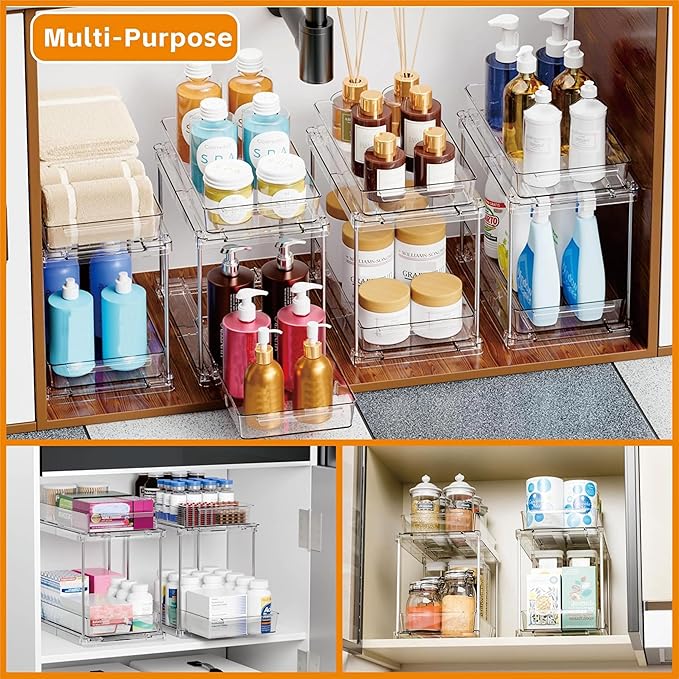 2 Pack 10.6″ High Pull Out Medicine Cabinet Organizer for Vitamin,Pill Bottle and Supplement,2 Tier Slide out Under the Sink Organizer,Bathroom Vanity Storage and Cupboard Undersink Organizers - Image 2