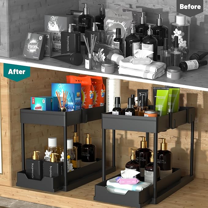MEAFBIRD 2 Pack Under Sink Organizer, 2 Tier Bathroom Cabinet Organizer with Sliding Basket, Multi-Purpose Under Sink Organizers and Storage for Bathroom Kitchen (Black 2 Pack) - Image 3