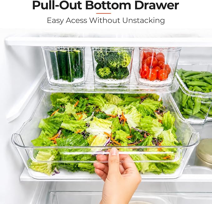 SMRCAD Clear Fridge Bins with Drain Trays - BPA-Free PET, Stackable(6 Pack) | 6 Pack: 1 Drawer + 5 lidded Bins, Helps Keep Produce Fresh, 16.3L Capacity, Hand Wash Only - Image 3