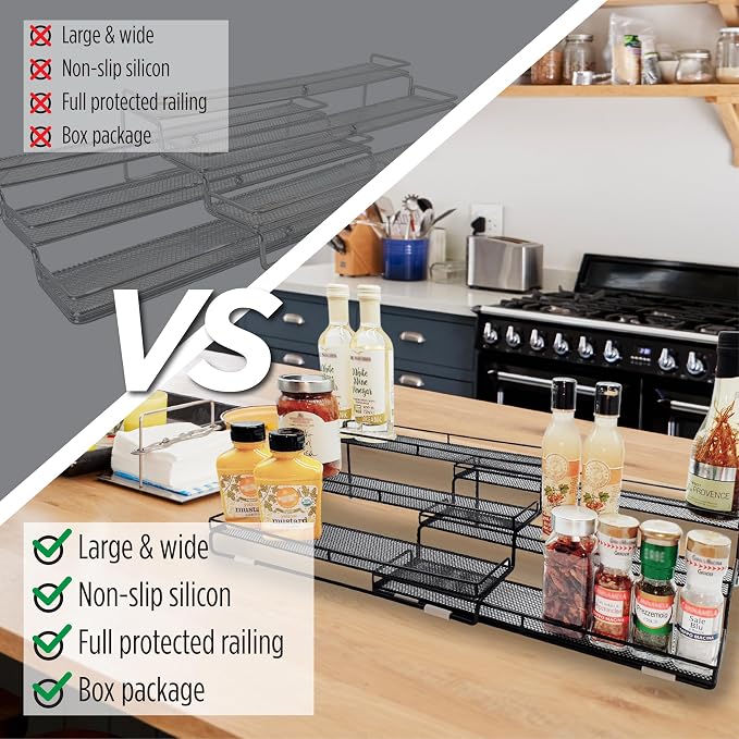 3 Tier Wide Expandable Cabinet Spice Rack Organizer (14.5" to 29.1") - Step Shelf with Protection Railing, Black | Wide, deep expandable spice rack for large spice jars, seasoning bottles, cans, and pantry organization. - Image 7