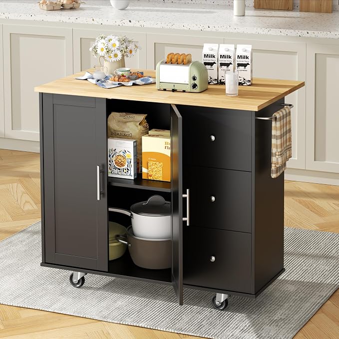 Shintenchi Kitchen Island with Folding Drop Leaf, Rolling Island Table with Storage, Kitchen Cabinet on Wheels with Seating Area for Kitchen, Bar Cart with Cabinet, Black - Image 2
