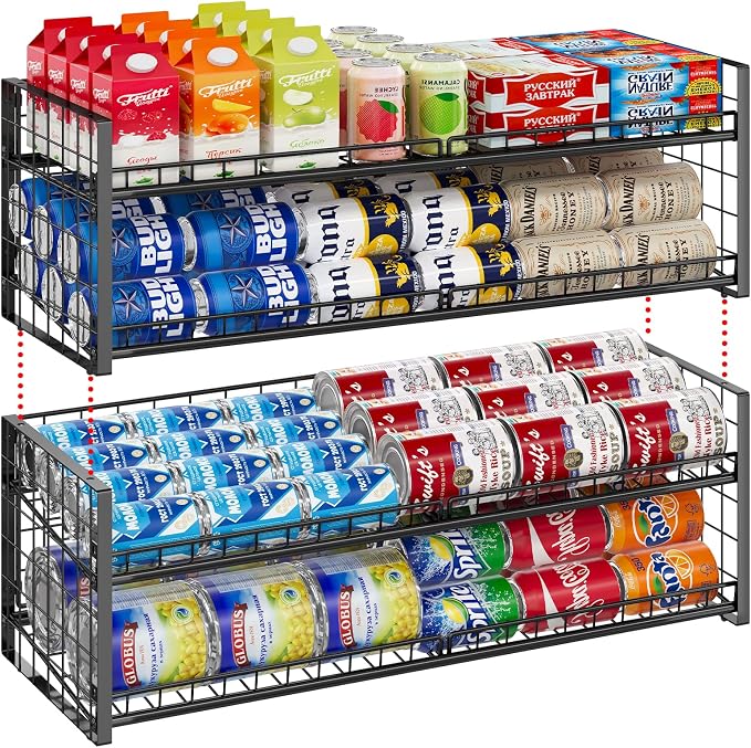 2-Pack Extra-Long Stackable Can Organizer for Pantry Shelf Storage | Can Rack for Kitchen Cupboard, Sturdy Standing Can Holder for Canned Food Goods Soda up to 90, 2 Tier, Black Can Dispenser by JKsmart