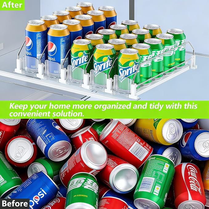 Adjustable White Fridge Organizer, Automatic Can Dispenser & Drink Rack | Holds up to 25 Cans (12oz/16oz/20oz), Gliding Soda & Beer Organizer for Refrigerator - Space Saving Kitchen Storage - Image 3