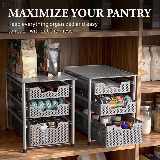 Simple Houseware Stackable 3 Tier Sliding Basket Organizer Drawer, Silver (Pack of 2) - Image 7