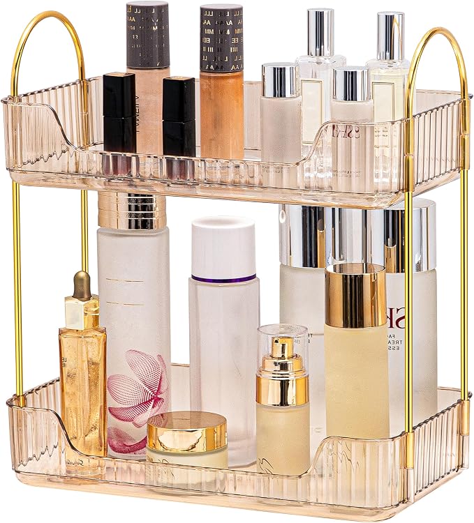Akinbas 2 Tier Bathroom Organizer Countertop Makeup Perfume Tray Skincare Organizer for Bathroom Dresser Vanity (Gold) by AKINBAS