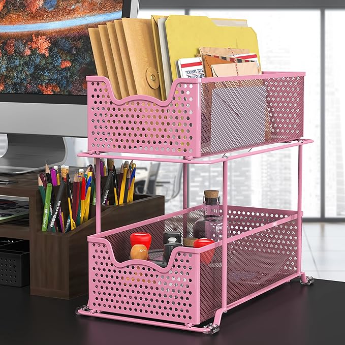 Simple Houseware 2 Tier Sliding Cabinet Basket Organizer Drawer, Pink - Image 2