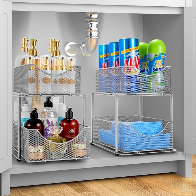Sorbus 2 Tier Metal Under Sink Organizer for Bathroom, Kitchen, Strong Steel Mesh Sliding Drawers for Under Sink, Under Cabinet, Closet, Kitchen, Pantry, Bathroom Organizers and Storage (Silver) - Image 2