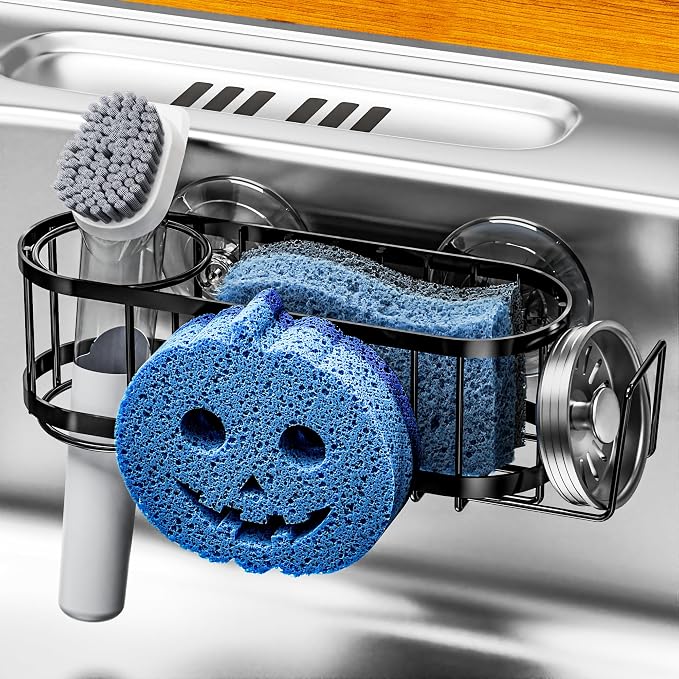Cisily Sponge Holder Smiley Face, Sink Caddy for kitchen Sink, Kitchen Organizer Sponge Holder with 2 PCS Suction Cups and Adhesive Strips, Designed for Sponge, Soap, Dish brush, Scrubber-Black by CISILYHOMELIFE