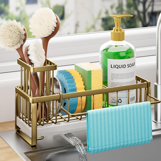 HapiRm Sponge Holder for Kitchen Sink - Self-draining Sink Caddy with Brush and Dishcloth Holders, Stainless Steel Kitchen Countertop Organizers and Storage Essentials - Dark Gold by HapiRm