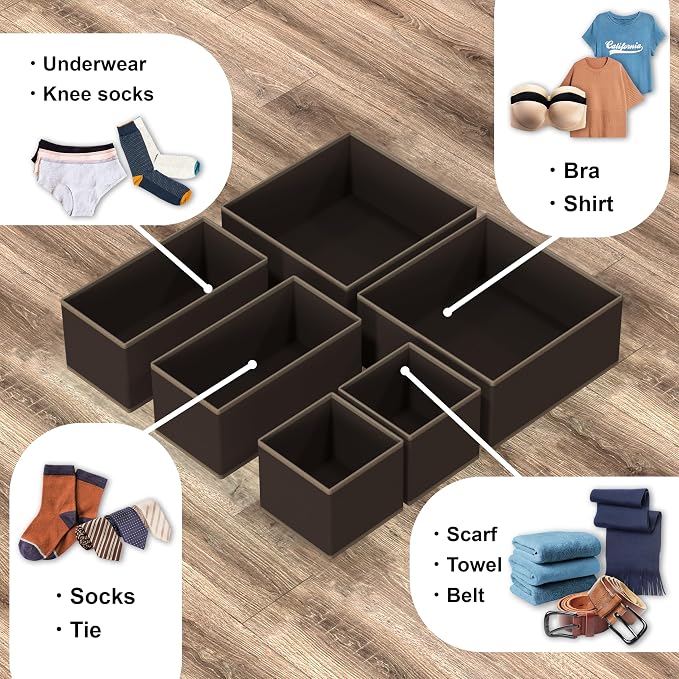 Simple Houseware Underwear Drawer Organizer, Set of 6, Brown | for Lingerie/Undergarment/Bra/Panty/Sock/Onesie - Image 4