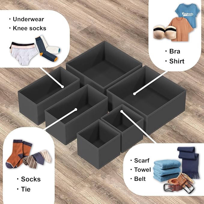 Simple Houseware Underwear Drawer Organizer, Set of 6, Dark Gray | for Lingerie/Undergarment/Bra/Panty/Sock/Onesie - Image 4