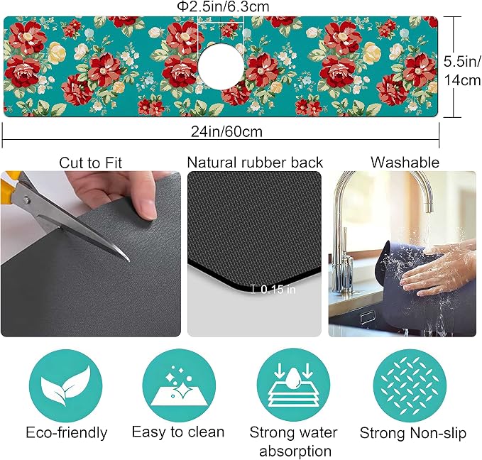 Kitchen Sink Splash Guard Faucet Mat Super Absorbent Fast Drying Mat Sink Gadgets Splash Guard Behind Faucet Drip Catcher for Kitchen (Boho Flowers, 23.5x5.5in) - Image 4