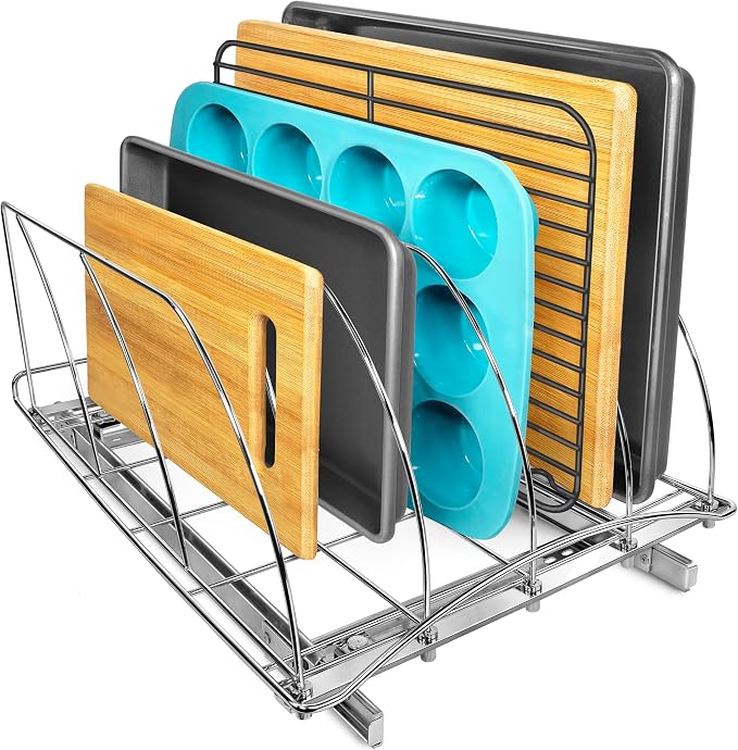 LYNK PROFESSIONAL® Pull Out Cookie Sheet Organizer for Cabinet – Baking Sheet Organizer – Sheet Pan Organizer - Lifetime Ltd. Warranty – 14” x 21” Deep Inside Cabinet, Chrome by LYNKPROFESSIONAL