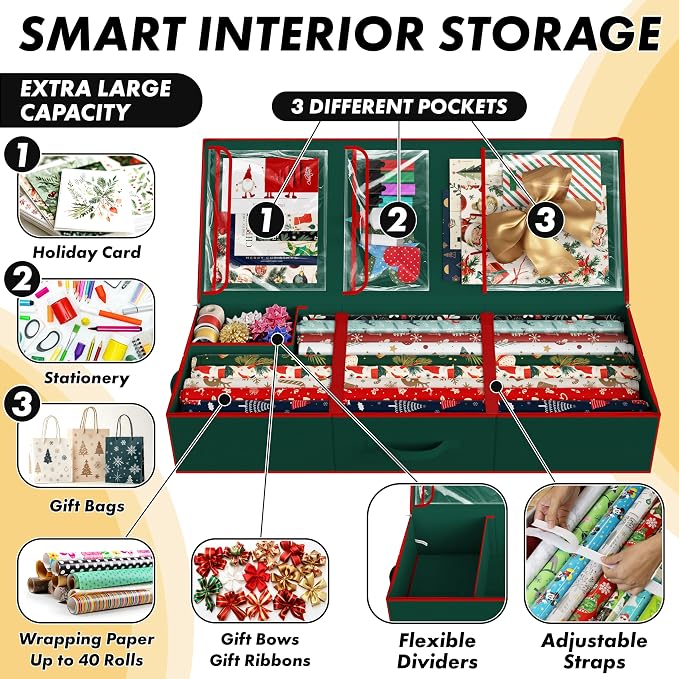 Simple Houseware 41.5" Wrapping Paper Organizer, Fits 40 Rolls, Green | Adjustable Straps, Interior Divider for Ribbons & Bows, 3 Clear Pockets for Gift Bags & Tools, 41.5"L x 16"W - Image 4