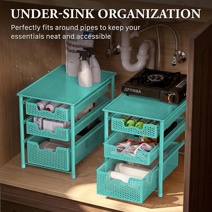 Simple Houseware Stackable 3 Tier Sliding Basket Organizer Drawer, Turquoise (Pack of 2) - Image 6
