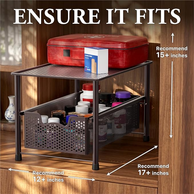 Simple Houseware Stackable Under Sink Sliding Basket Drawer, Brown | Perforated Free Standing Organizer, Kitchen/Pantry/Cabinet/Counter - Image 3