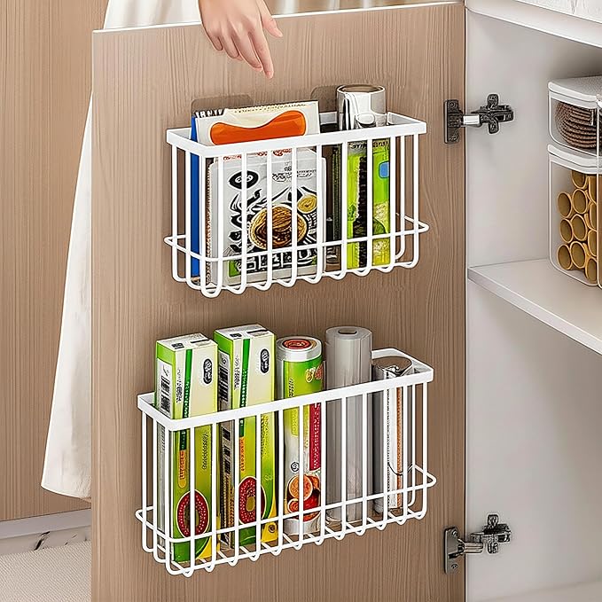 Cabinet Door Organizer 3Pcs, Foil and Plastic Wrap Organizer with 2 Sponges, Cabinet Door Storage with 3 Caddy Adhesive, for Aluminum Foil, Plastic Wrap, Wool Dryer Balls, White,(Small, Medium, Large) - Image 2