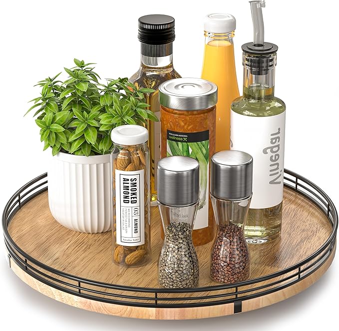 AMH 13-Inch Farmhouse Oak Lazy Susan Organizer for Table and Cabinet | Smooth rotating oak tray with walnut finish for dining tables, kitchen counters, pantries and cabinet storage. by AMH