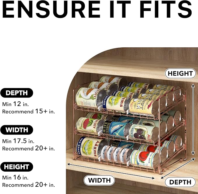 Simple Houseware 3-Tier Stackable Can Organizer Rack 36 Cans, Rose Gold | Can Food Storage Dispenser for Pantry/Cabinet, Adjustable Dividers – 11.5" D x 17" W x 13.75" H - Image 4