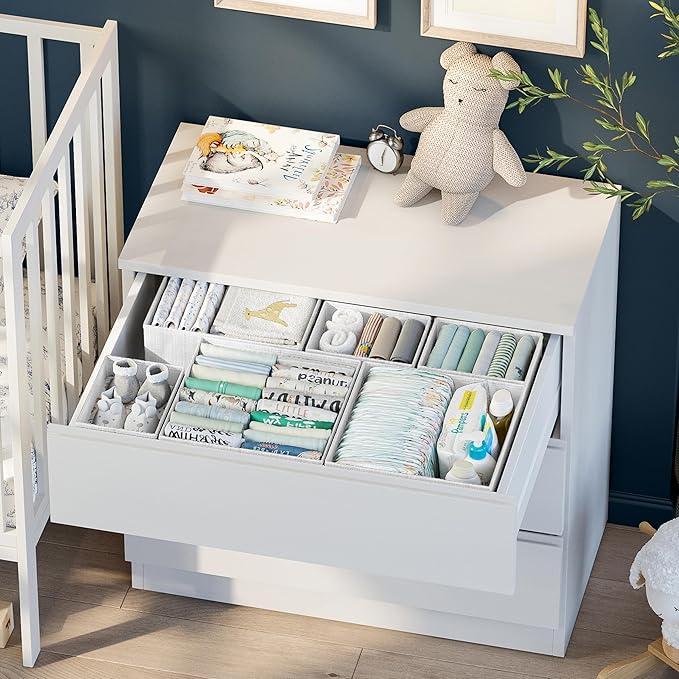 Drawer Organizer Clothes Set of 12 White-Grey - Dresser Organizer For Nursery, Bedroom, Closet - Perfect Baby Clothes Organizer and Storage & General Nursery Organization or Dresser Drawer Organizers - Image 3