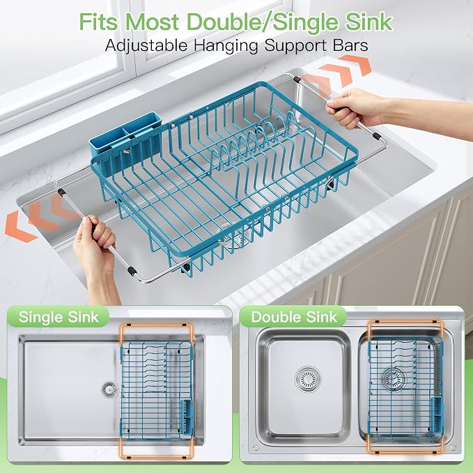 JASIWAY Blue Dish Drying Rack Over the Sink with Utensil Holder | Expandable Stainless Steel Dish Driainers for Small Kitchen, Apartment, Counter Space Saving, Fast Drain, Rust Resistant - Image 3