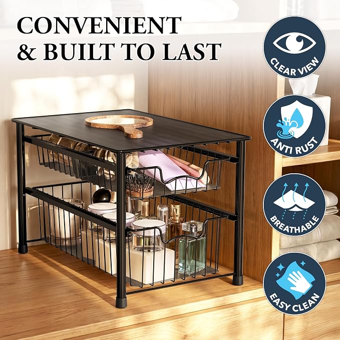 Simple Houseware Stackable Sliding Basket Organizer Drawer, Black, 2-Tier (Pack of 2) - Image 5