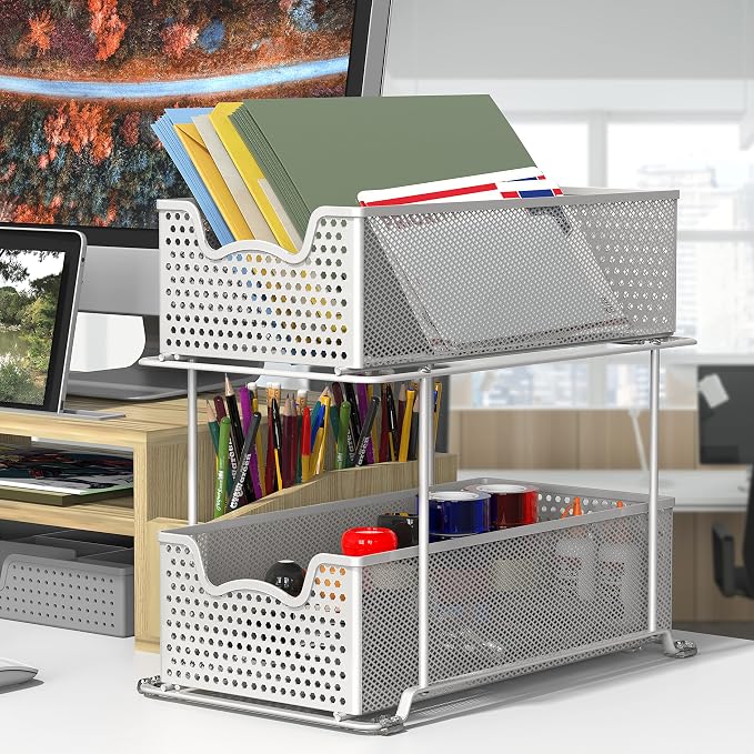 Simple Houseware 2 Tier Sliding Cabinet Basket Organizer Drawer, White - Image 2
