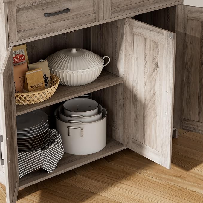 Homhedy Coffee Bar Storage Cabinet with Drawers, Kitchen Buffet Cabinet | Sideboard Cabinet with Doors, Farmhouse Buffet Cabinet, Adjustable Shelves, for Kitchen / Dining / Living Room, Greige - Image 9