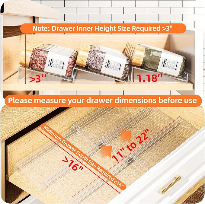 MUDEELA Clear Spice Drawer Organizer, 3 Tier- 2 Set (6 Packs) | Expandable From 11" to 22", (Jars not included), Kitchen Seasoning Organizers and Storage for Drawer - Image 5