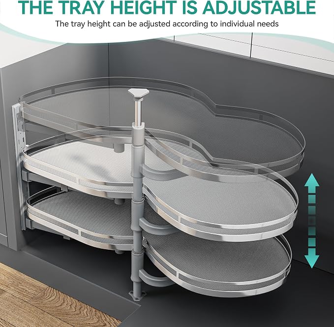 YITAHOME 32" Blind Corner Pull-Out Organizer | Soft-Close Swing-Out 2-Tier Height-Adjustable Lazy Susan, Left Swing Pull Out Organizer, Gray - Image 5
