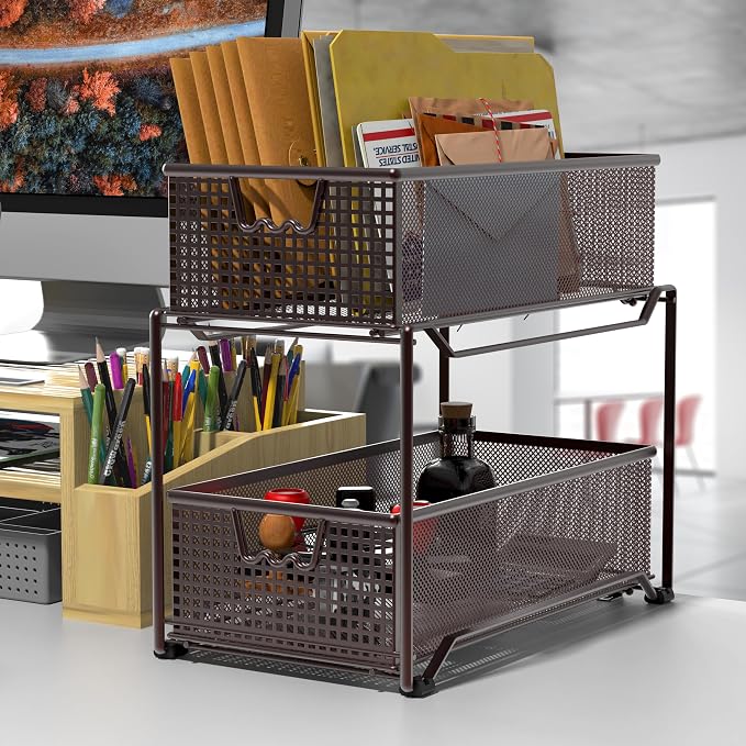 Deco Brothers 2 Tier Bathroom Storage Organizer with Pull-Out Drawer Bronze - Image 4