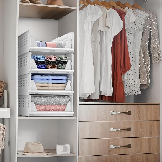 Sorbus 4 Pack Folding Closet Shelf Organizer for Clothes, Versatile Stackable Storage Baskets for Closet, Bathroom, Kitchen and Garage with Easy Access Open Front Design, Plastic Organizer Shelves - Image 3