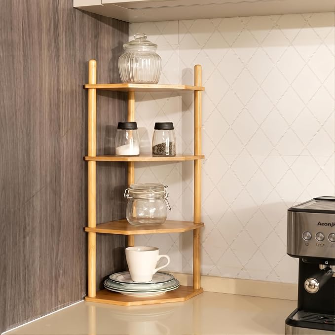 4-Tier Bamboo Corner Shelf,Kitchen Countertop Organizer,Corner Countertop Organizer Shelf, Coffee Bar Organizer,Coffee Bar Accessories,for Kitchen, Pantry, Organizers and Storage,White - Image 2