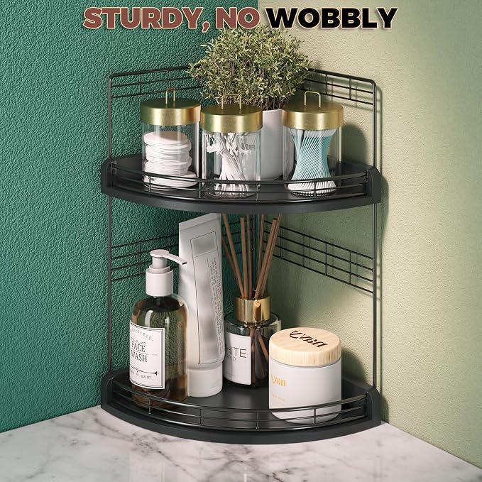 Bathroom Countertop Corner Organizer for Small Spaces, 2-Tier Counter Shelf | Oak Wood & Iron, Fan-Shaped Counter Shelf for Sink & Vanity Corners, Skincare, Toiletries, Compact Vertical Storage, Black - Image 6