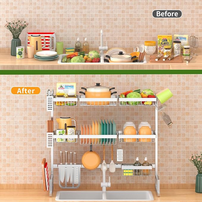 PUSDON Over Sink Dish Drying Rack Stainless Steel, Adjustable Large Dish Drainer for Storage Kitchen Organization Silver 3 Tier - Standard(34"-46") - Image 2