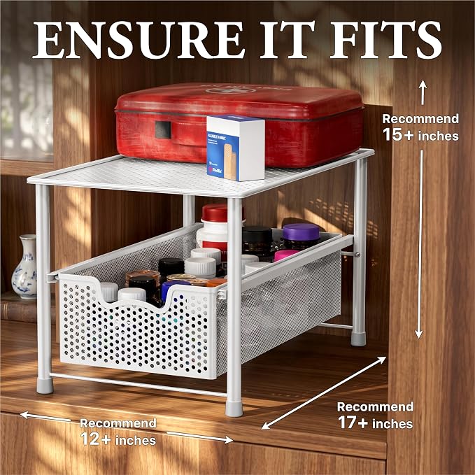 Simple Houseware Stackable Under Sink Sliding Basket Drawer, White | Perforated Free Standing Organizer, Kitchen/Pantry/Cabinet/Counter - Image 3