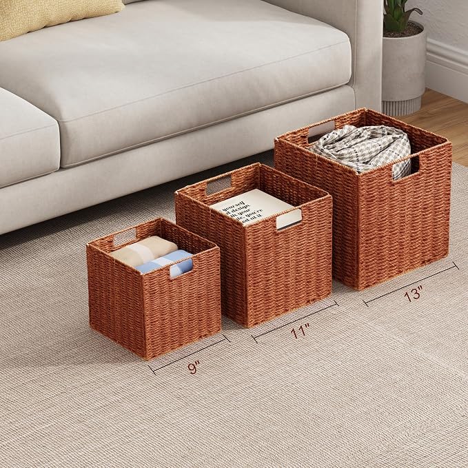 Wicker Storage Basket, Set of 2 Hand-Woven Paper Rope Wicker Basket, Foldable Cube Storage Bins, Square Large Storage Baskets for Organizing Shelves & Decor, Orange (13″×13″×13″) - Image 4