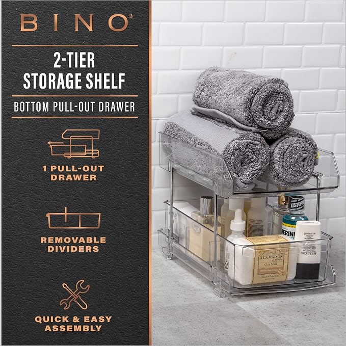 BINO 2 Tier Clear Storage Organizer with Dividers | Bottom Slide Out Drawer for Under Sink, Medicine Cabinet | Bathroom Closet, Vanity, Pantry Organizer | Under Cabinet Storage for Bathroom & Kitchen - Image 3