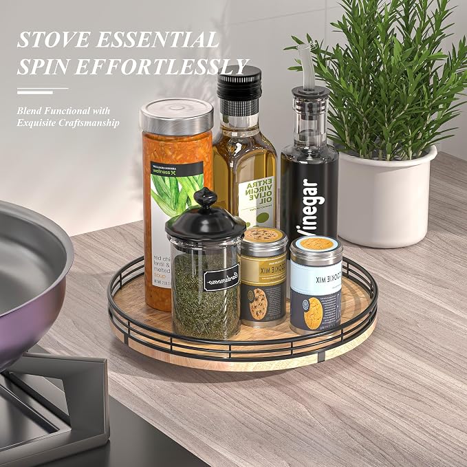 AMH 10-Inch Farmhouse Oak Lazy Susan Organizer for Cabinet | Smooth rotating oak tray with walnut finish for dining tables, kitchen counters, pantries and cabinet storage. - Image 2