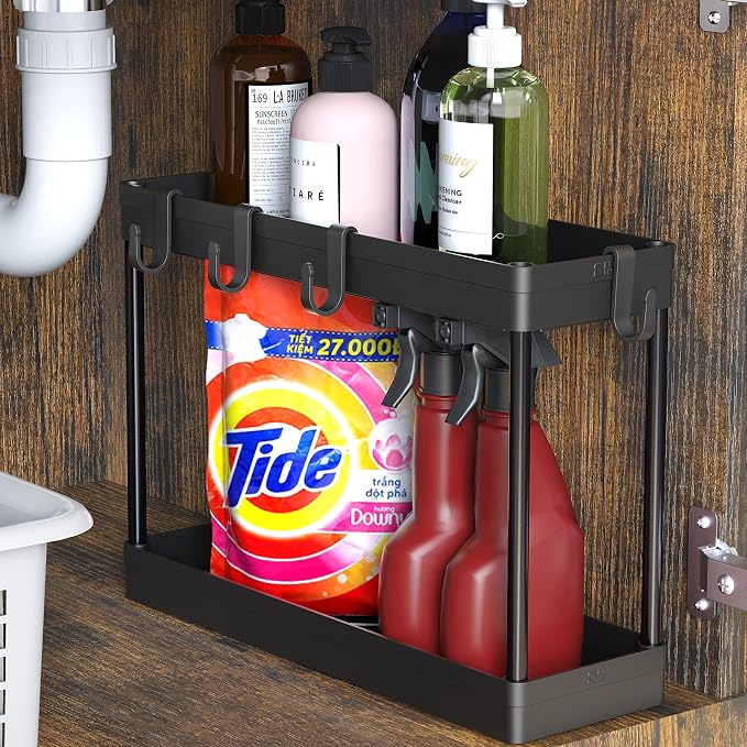Simple Houseware 2-Tier Under Sink Organizer Storage Tray with Hooks, Black - Image 2