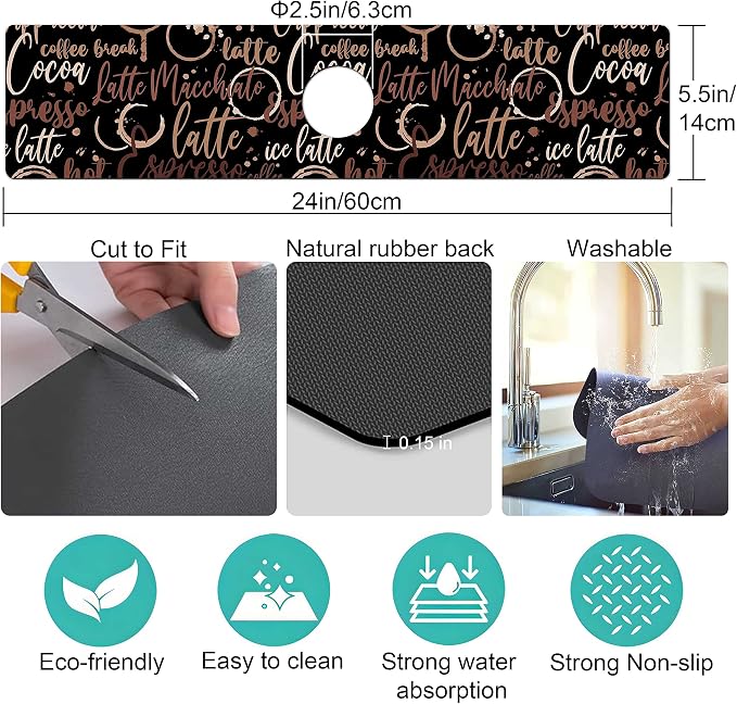 Kitchen Sink Splash Guard Faucet Mat Super Absorbent Fast Drying Mat Sink Gadgets Splash Guard Behind Faucet Drip Catcher for Kitchen (Coffee, 23.5x5.5in) - Image 5