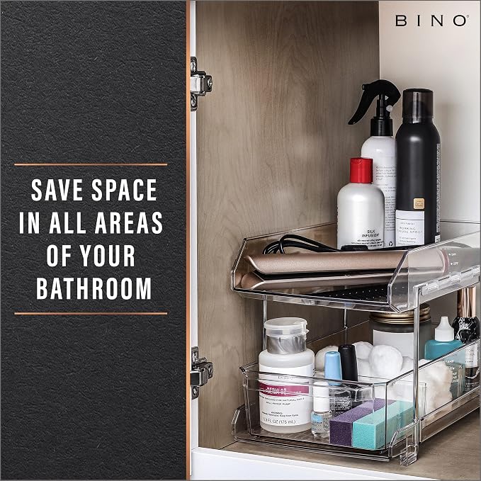 BINO 2 Tier Clear Storage Organizer with Dividers | Bottom Slide Out Drawer for Under Sink, Medicine Cabinet | Bathroom Closet, Vanity, Pantry Organizer | Under Cabinet Storage for Bathroom & Kitchen - Image 7