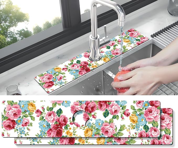 Kitchen Sink Splash Guard Faucet Mat -2 PC Super Absorbent Fast Drying Mat Sink Gadgets-Splash Guard Behind Faucet Drip Catcher for Kitchen, Bathroom,Sink Mat, Dish Drying Mat, Bathroom(23.5" X 5.5" ) by THIDEAPE