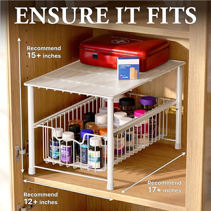 Simple Houseware Wired Stackable Under Sink Cabinet Sliding Basket, White | Free Standing Organizer Drawer, Kitchen/Pantry/Cabinet/Counter - Image 3