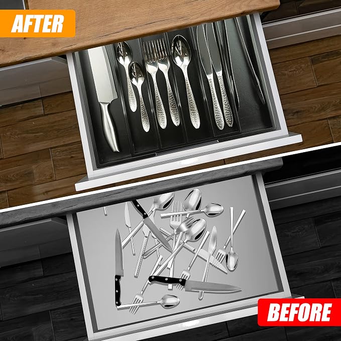Black Silverware Organizer Kitchen Drawer Organizer Expandable Bamboo Utensil Holder Cutlery Tray for Kitchen Utensil and Flatware Bedroom Office - Image 3