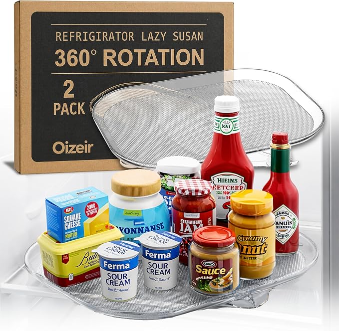 Oizeir Refrigerator Lazy Susan (2PK) - Clear Rectangular Fridge Organizer - Turntable Tray Lazy Susan for Refrigerator - Cabinet & Pantry Organizer - Smooth 360° Rotating Swivel Spinning Fridge Shelf by Oizeir